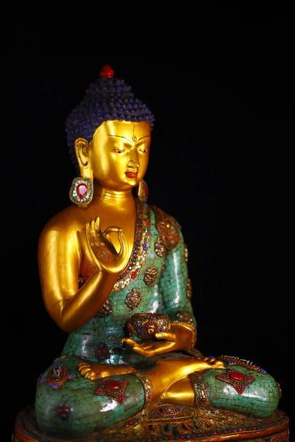 25"Tibet Temple Collection Old Bronze Outline in gold Mosaic Gem Turquoise gZi Beads Shell Shakyamuni Lotus Platform Buddha