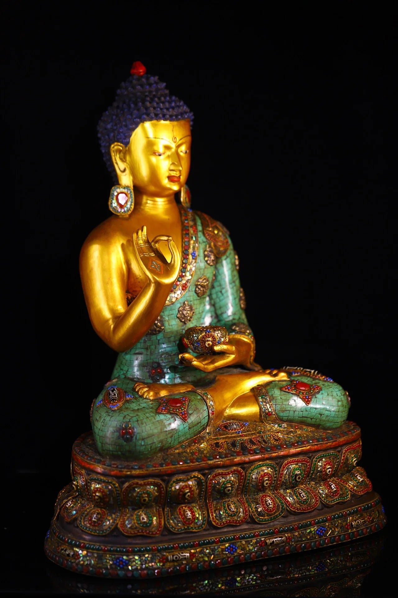 25"Tibet Temple Collection Old Bronze Outline in gold Mosaic Gem Turquoise gZi Beads Shell Shakyamuni Lotus Platform Buddha