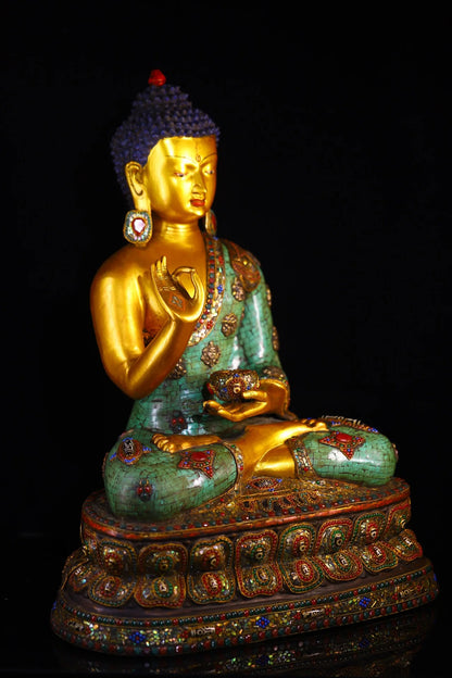 25"Tibet Temple Collection Old Bronze Outline in gold Mosaic Gem Turquoise gZi Beads Shell Shakyamuni Lotus Platform Buddha