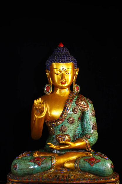 25"Tibet Temple Collection Old Bronze Outline in gold Mosaic Gem Turquoise gZi Beads Shell Shakyamuni Lotus Platform Buddha