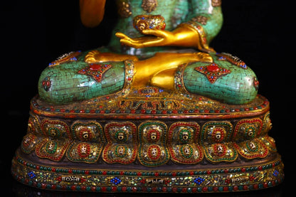 25"Tibet Temple Collection Old Bronze Outline in gold Mosaic Gem Turquoise gZi Beads Shell Shakyamuni Lotus Platform Buddha