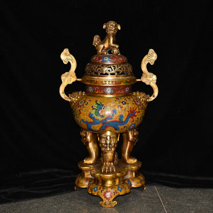 25"Tibetan Temple Collection Old Bronze Cloisonne Enamel Dragon Texture Lion Statue Cover Ruyi Ear Incense Burner Town house