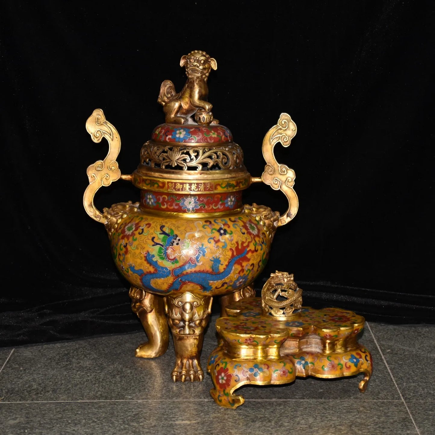 25"Tibetan Temple Collection Old Bronze Cloisonne Enamel Dragon Texture Lion Statue Cover Ruyi Ear Incense Burner Town house