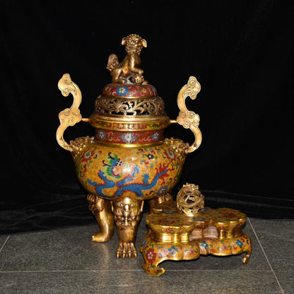 25"Tibetan Temple Collection Old Bronze Cloisonne Enamel Dragon Texture Lion Statue Cover Ruyi Ear Incense Burner Town house