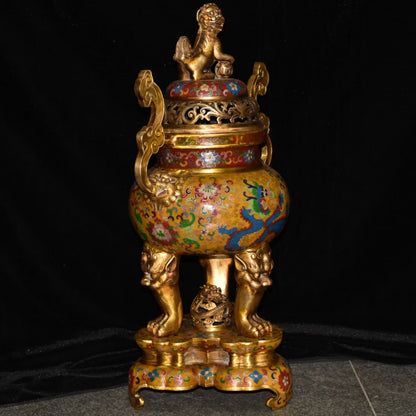 25"Tibetan Temple Collection Old Bronze Cloisonne Enamel Dragon Texture Lion Statue Cover Ruyi Ear Incense Burner Town house