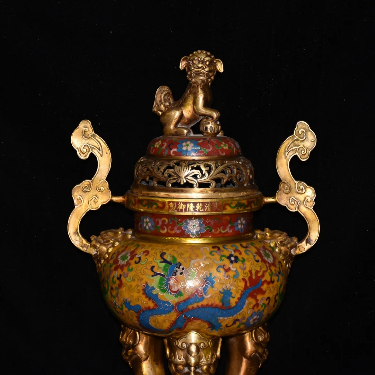 25"Tibetan Temple Collection Old Bronze Cloisonne Enamel Dragon Texture Lion Statue Cover Ruyi Ear Incense Burner Town house