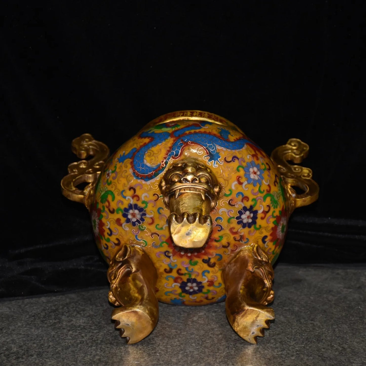 25"Tibetan Temple Collection Old Bronze Cloisonne Enamel Dragon Texture Lion Statue Cover Ruyi Ear Incense Burner Town house