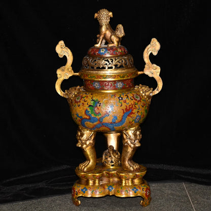 25"Tibetan Temple Collection Old Bronze Cloisonne Enamel Dragon Texture Lion Statue Cover Ruyi Ear Incense Burner Town house