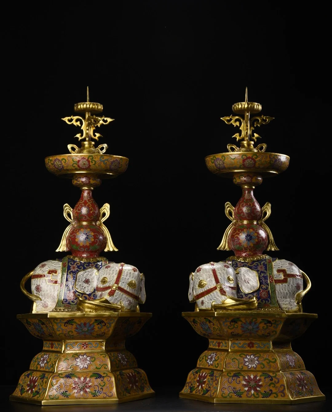 25"Tibetan Temple Collection Old Bronze Cloisonne Enamel Eephant Statue Gourd Lotus Base Butterfly Candlestick Pair Worship Hall