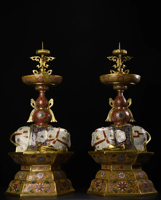 25"Tibetan Temple Collection Old Bronze Cloisonne Enamel Eephant Statue Gourd Lotus Base Butterfly Candlestick Pair Worship Hall