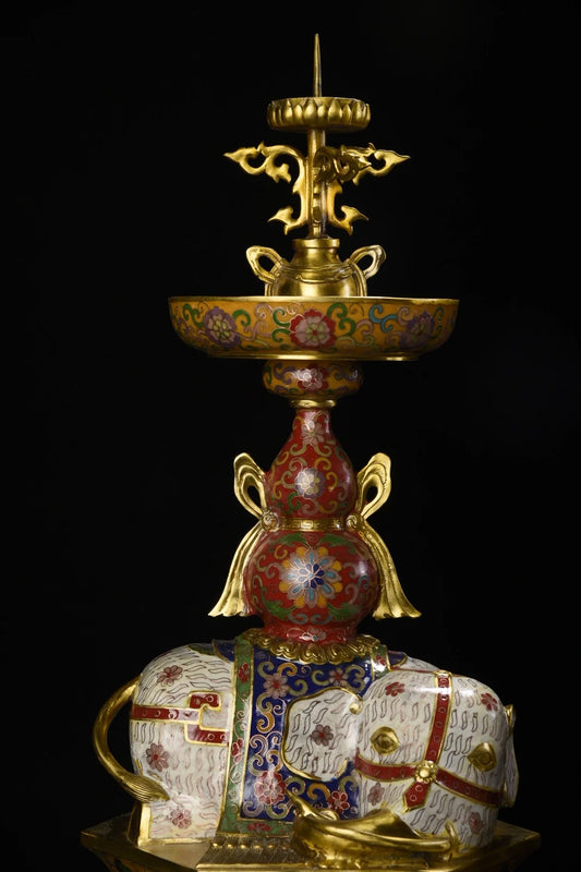 25"Tibetan Temple Collection Old Bronze Cloisonne Enamel Eephant Statue Gourd Lotus Base Butterfly Candlestick Pair Worship Hall