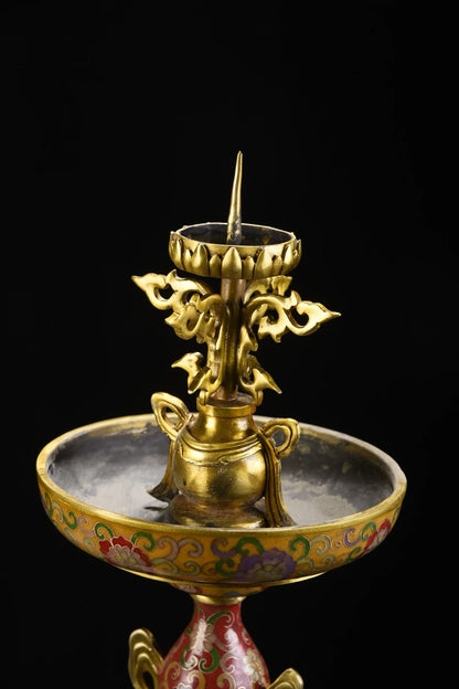 25"Tibetan Temple Collection Old Bronze Cloisonne Enamel Eephant Statue Gourd Lotus Base Butterfly Candlestick Pair Worship Hall