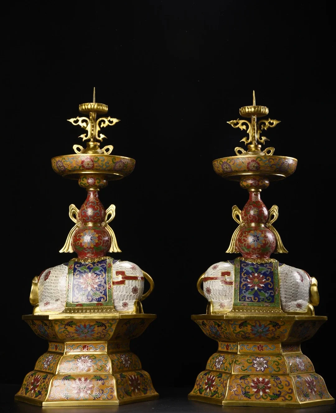 25"Tibetan Temple Collection Old Bronze Cloisonne Enamel Eephant Statue Gourd Lotus Base Butterfly Candlestick Pair Worship Hall