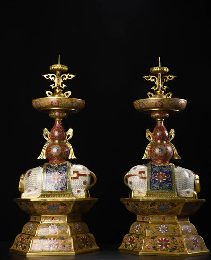 25"Tibetan Temple Collection Old Bronze Cloisonne Enamel Eephant Statue Gourd Lotus Base Butterfly Candlestick Pair Worship Hall