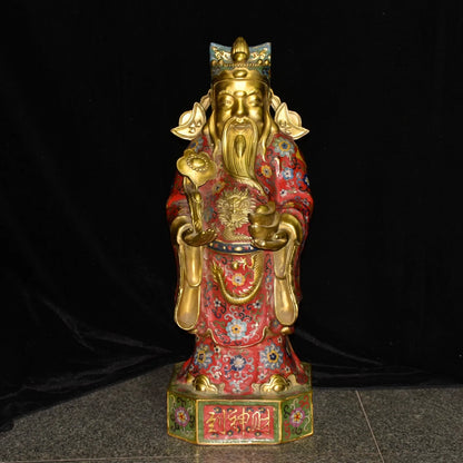 25"Tibetan Temple Collection Old Bronze Cloisonne Enamel Flower Dragon Texture Ruyi Yuanbao Coins God of Wealth Worship Hall