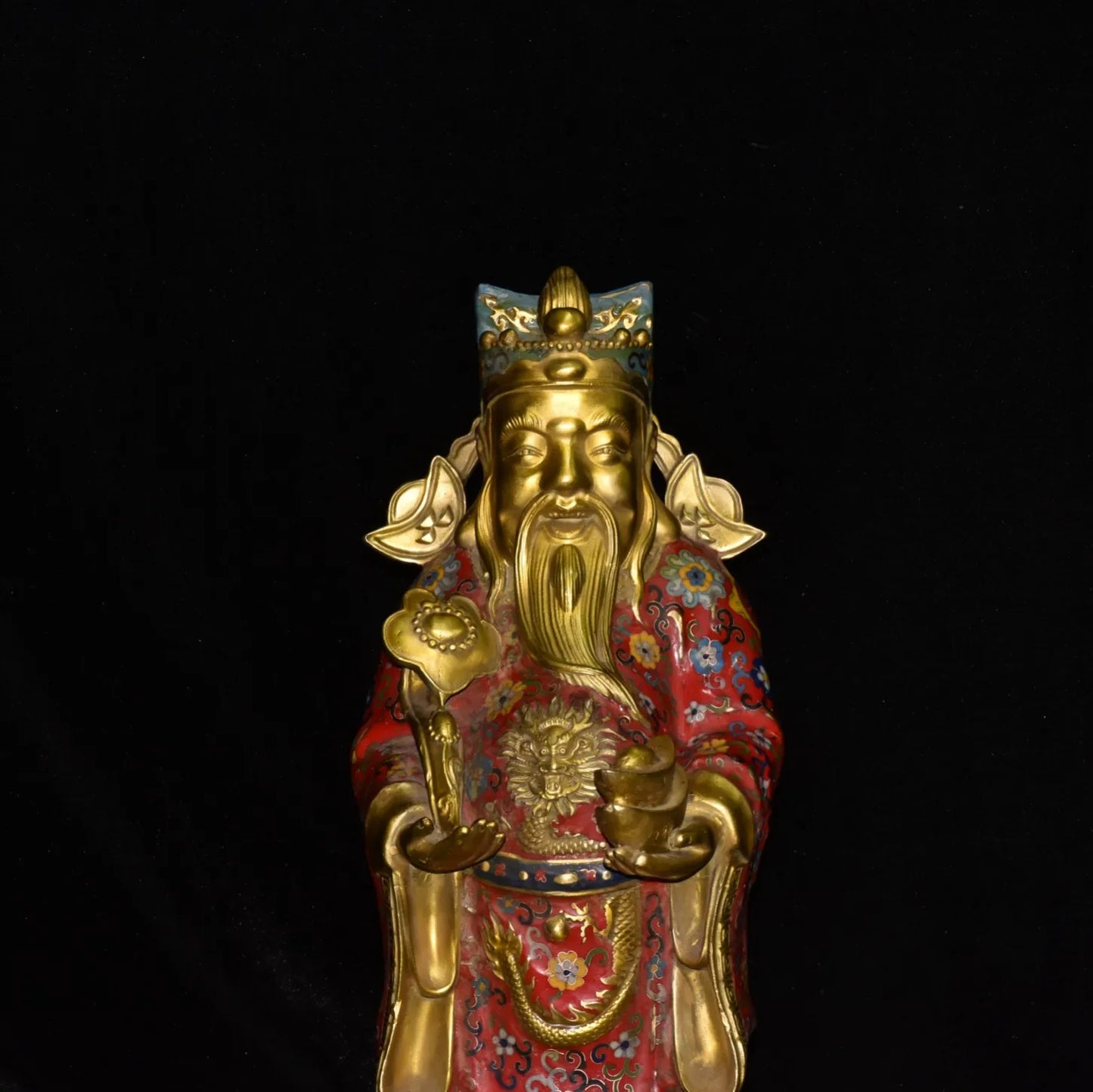 25"Tibetan Temple Collection Old Bronze Cloisonne Enamel Flower Dragon Texture Ruyi Yuanbao Coins God of Wealth Worship Hall
