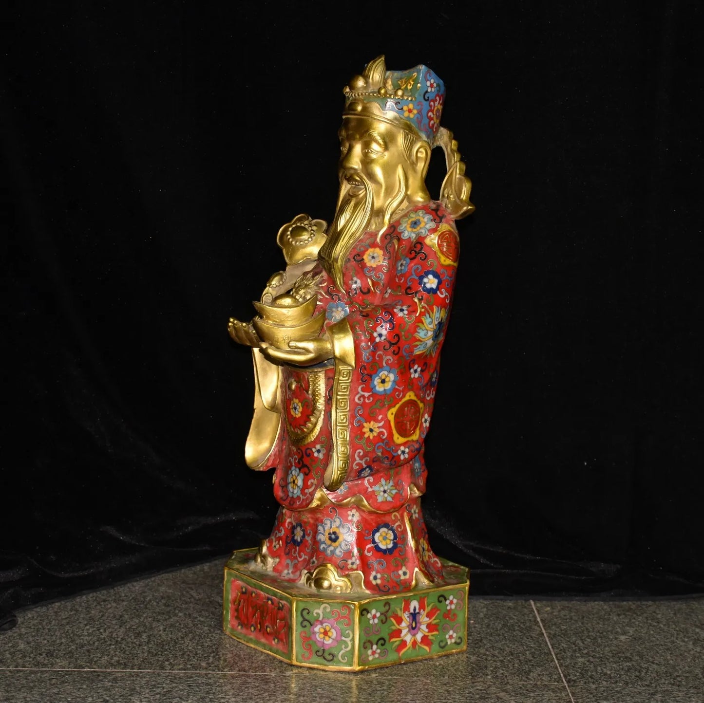 25"Tibetan Temple Collection Old Bronze Cloisonne Enamel Flower Dragon Texture Ruyi Yuanbao Coins God of Wealth Worship Hall