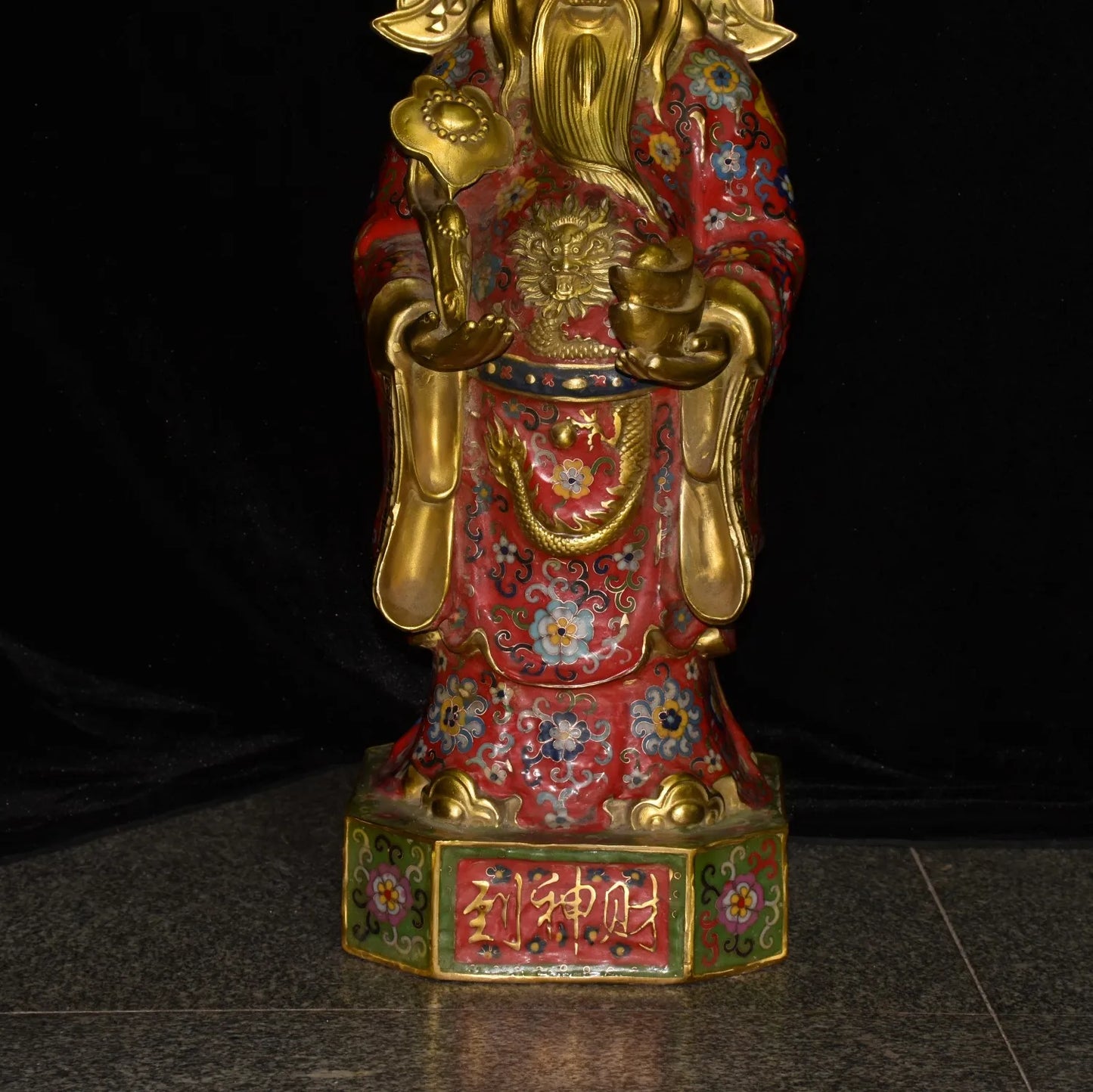 25"Tibetan Temple Collection Old Bronze Cloisonne Enamel Flower Dragon Texture Ruyi Yuanbao Coins God of Wealth Worship Hall