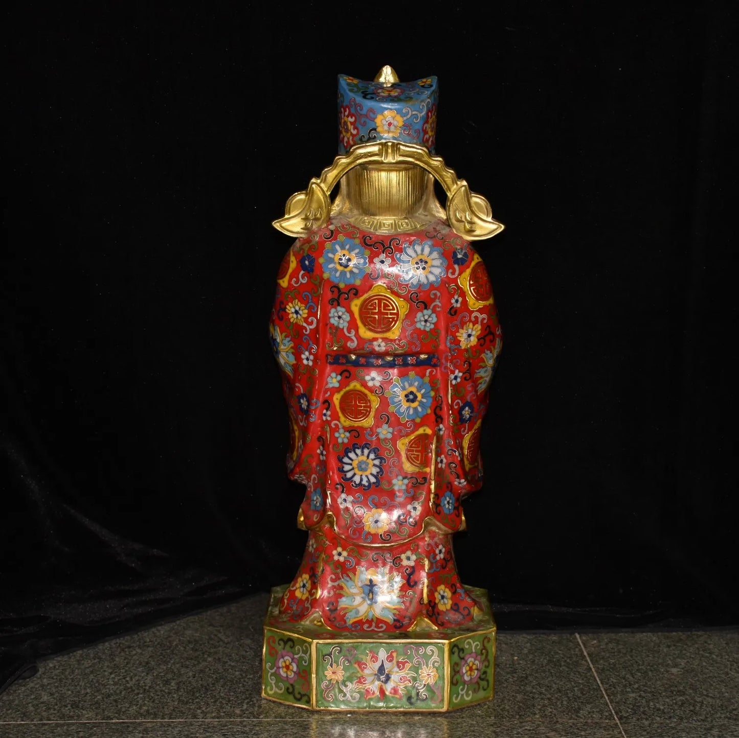 25"Tibetan Temple Collection Old Bronze Cloisonne Enamel Flower Dragon Texture Ruyi Yuanbao Coins God of Wealth Worship Hall