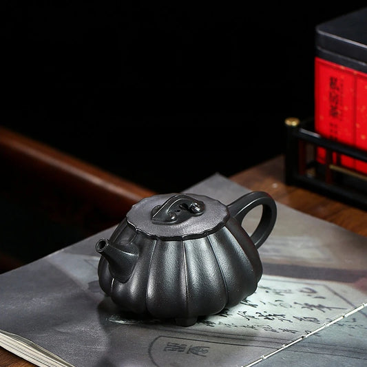 250CC Yixing Purple Clay Pot Handmade Famous Rib Pattern Stone Ladle Raw Ore Black Clay Gongfu Teapot