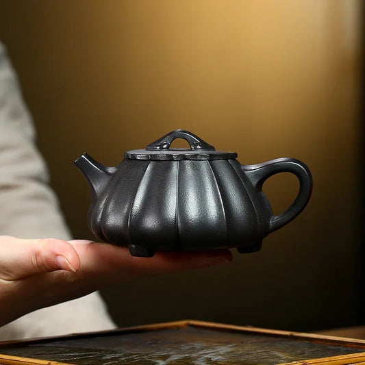 250CC Yixing Purple Clay Pot Handmade Famous Rib Pattern Stone Ladle Raw Ore Black Clay Gongfu Teapot