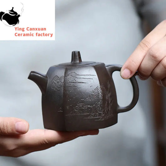 250ml Boutique Yixing Purple Clay Teapot Raw Ore Black Gold Sand Hexagon Tea Pot Chinese Zisha Filter Kettle Tea Set Accessories
