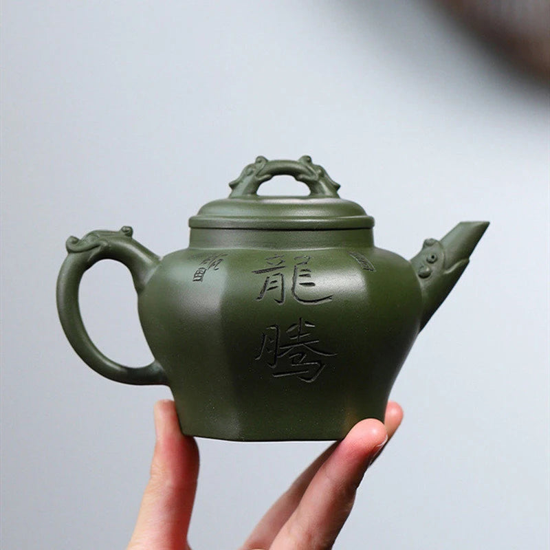 250ml Chinese Yixing Purple Clay Teapots Famous Artists Handmade Hexagonal Shape Tea Pot Raw Ore Green Mud Kettle Zisha Tea Set
