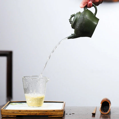 250ml Chinese Yixing Purple Clay Teapots Famous Artists Handmade Hexagonal Shape Tea Pot Raw Ore Green Mud Kettle Zisha Tea Set