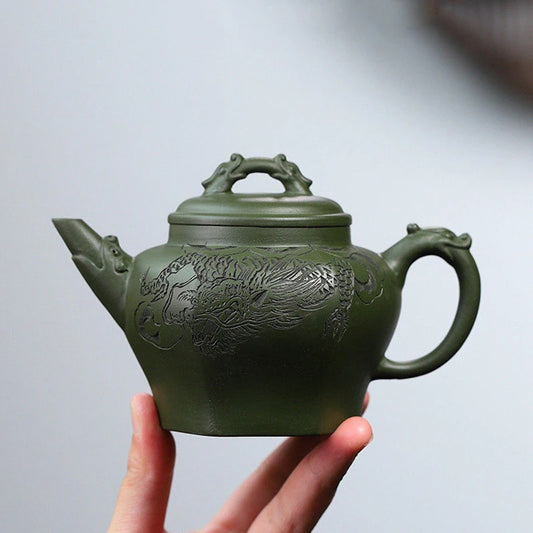 250ml Chinese Yixing Purple Clay Teapots Famous Artists Handmade Hexagonal Shape Tea Pot Raw Ore Green Mud Kettle Zisha Tea Set