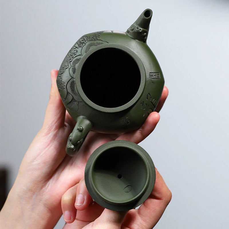 250ml Chinese Yixing Purple Clay Teapots Famous Artists Handmade Hexagonal Shape Tea Pot Raw Ore Green Mud Kettle Zisha Tea Set