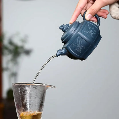 250ml Chinese Yixing Purple Clay Teapots Raw Ore Azure Mud Handmade Hexagonal Shape Tea Pot Kettle Zisha Tea Set Teaware