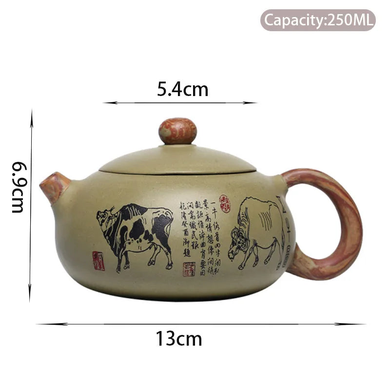250ml Chinese Yixing Purple Clay Teapots Raw Ore Bean Green Clay Filter Tea Pot Hand Painted Five Cow Xishi Kettle Home Teaware
