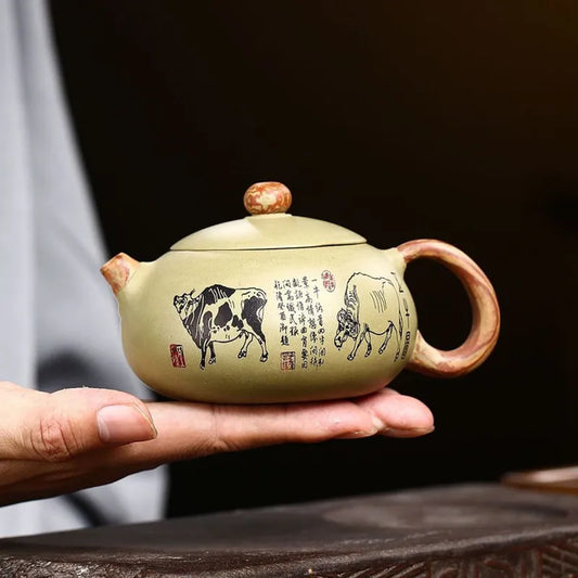 250ml Chinese Yixing Purple Clay Teapots Raw Ore Bean Green Clay Filter Tea Pot Hand Painted Five Cow Xishi Kettle Home Teaware