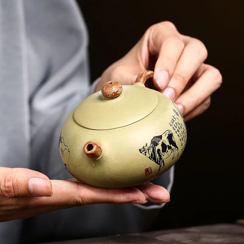 250ml Chinese Yixing Purple Clay Teapots Raw Ore Bean Green Clay Filter Tea Pot Hand Painted Five Cow Xishi Kettle Home Teaware