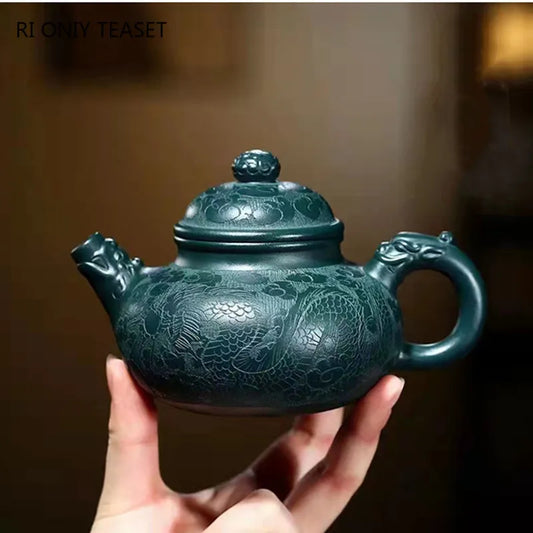 250ml High-end Yixing Purple Clay Teapots Handmade Dragon Pattern Tea Pot Raw Ore Dark Green Mud Kettle Zisha Tea Set Collection