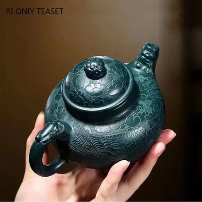 250ml High-end Yixing Purple Clay Teapots Handmade Dragon Pattern Tea Pot Raw Ore Dark Green Mud Kettle Zisha Tea Set Collection