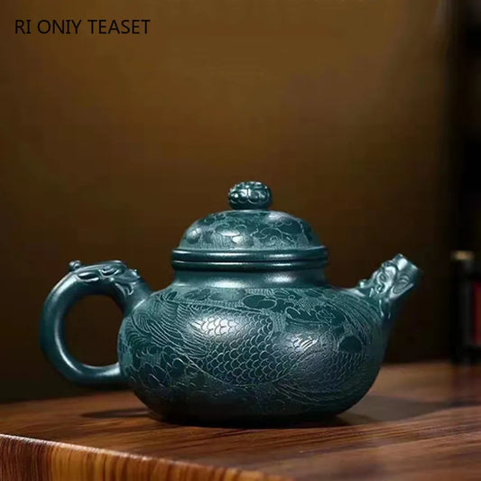 250ml High-end Yixing Purple Clay Teapots Handmade Dragon Pattern Tea Pot Raw Ore Dark Green Mud Kettle Zisha Tea Set Collection