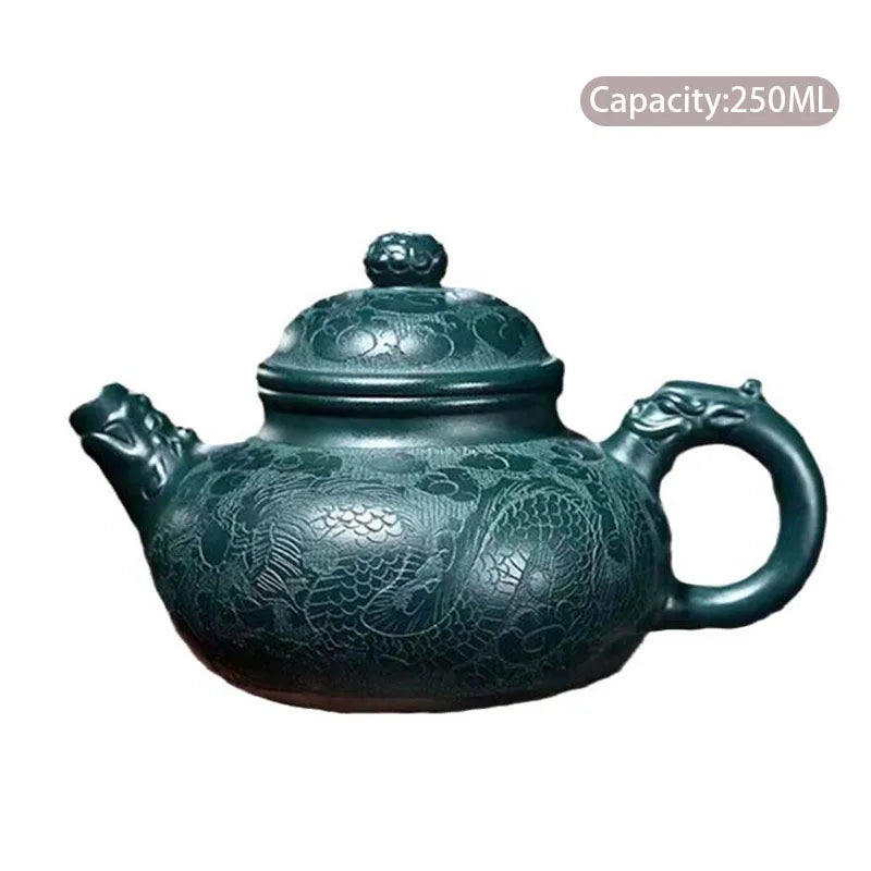 250ml High-end Yixing Purple Clay Teapots Handmade Dragon Pattern Tea Pot Raw Ore Dark Green Mud Kettle Zisha Tea Set Collection
