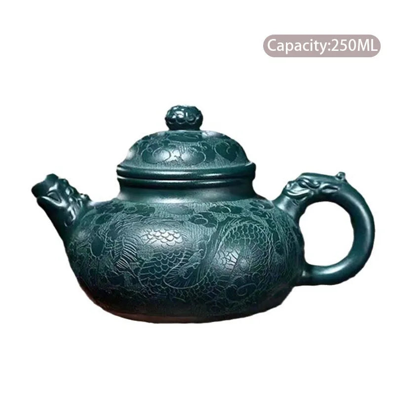 250ml High-end Yixing Purple Clay Teapots Handmade Dragon Pattern Tea Pot Raw Ore Dark Green Mud Kettle Zisha Tea Set Collection