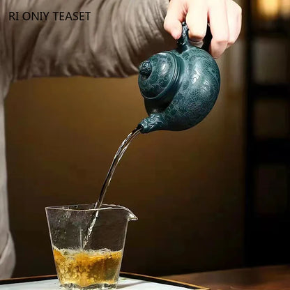 250ml High-end Yixing Purple Clay Teapots Handmade Dragon Pattern Tea Pot Raw Ore Dark Green Mud Kettle Zisha Tea Set Collection