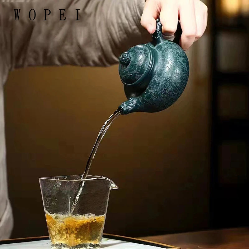 250ml High-end Yixing Purple Clay Teapots Handmade Dragon Pattern Tea Pot Raw Ore Dark Green Mud Kettle Zisha Tea Set Collection