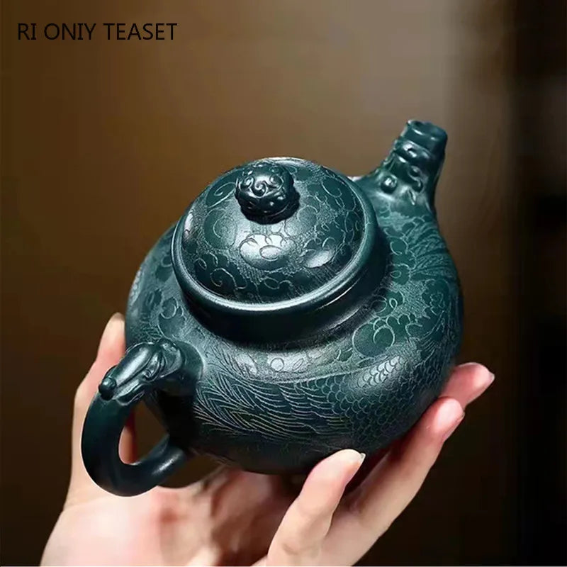 250ml High-end Yixing Purple Clay Teapots Handmade Dragon Pattern Tea Pot Raw Ore Dark Green Mud Kettle Zisha Tea Set Collection