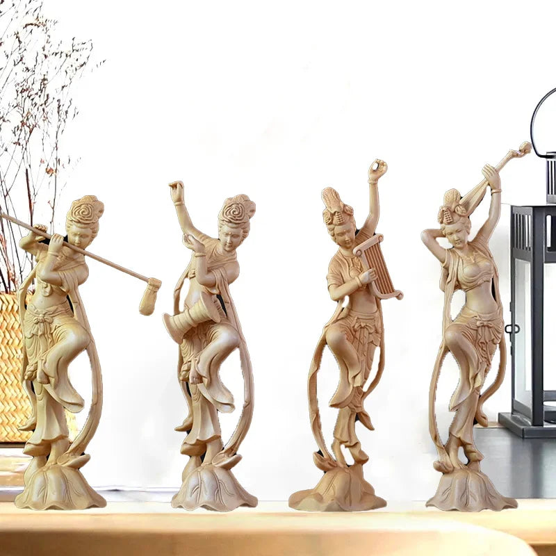 25cm Dunhuang Beauty Sculpture Figure Statue Solid Wood Art Carving Chinese Fairy Luxury Home Living Room Office Decorations