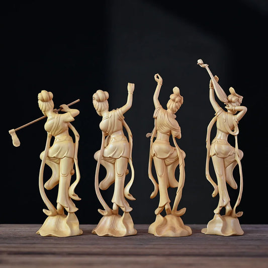 25cm Dunhuang Beauty Sculpture Figure Statue Solid Wood Art Carving Chinese Fairy Luxury Home Living Room Office Decorations