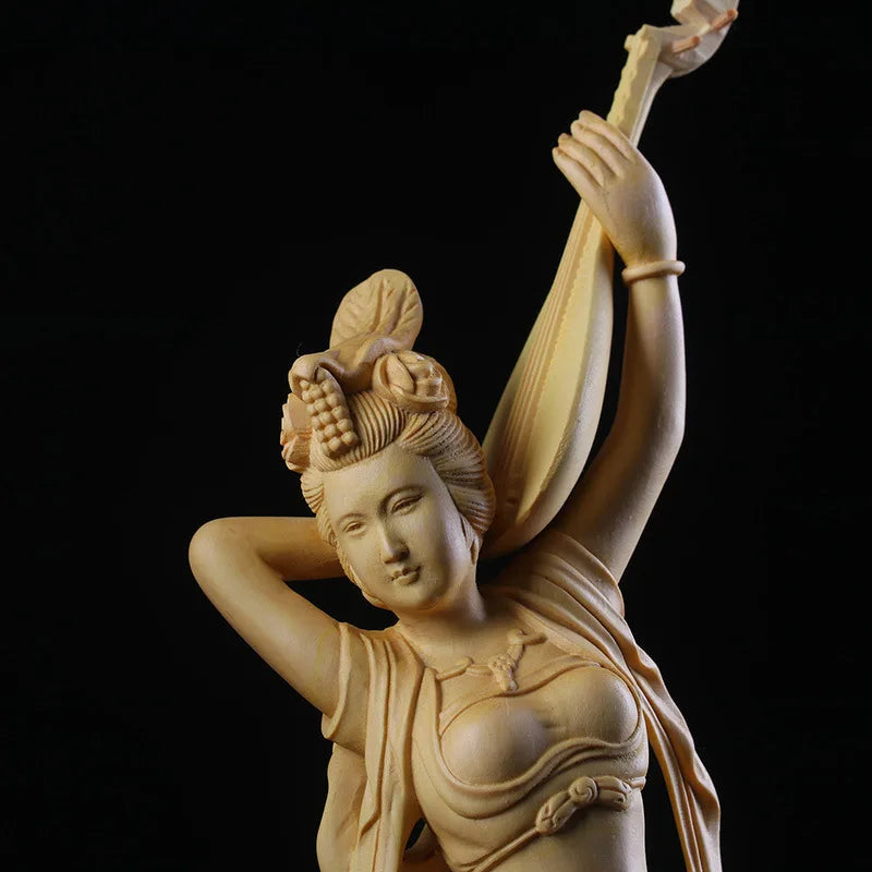 25cm Dunhuang Beauty Sculpture Figure Statue Solid Wood Art Carving Chinese Fairy Luxury Home Living Room Office Decorations
