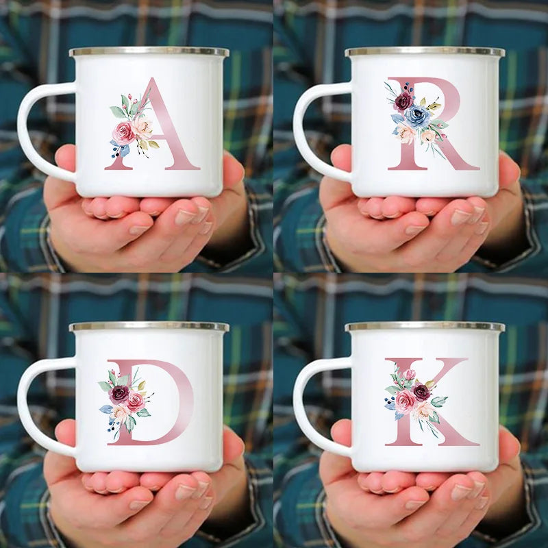 26 Initials Pink Letter Flowers Print Enamel Mug Coffee Mugs Cups for Coffee and Tea Unusual Tea Cup Personalized Gift Cupshe
