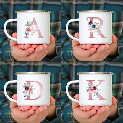 26 Initials Pink Letter Flowers Print Enamel Mug Coffee Mugs Cups for Coffee and Tea Unusual Tea Cup Personalized Gift Cupshe