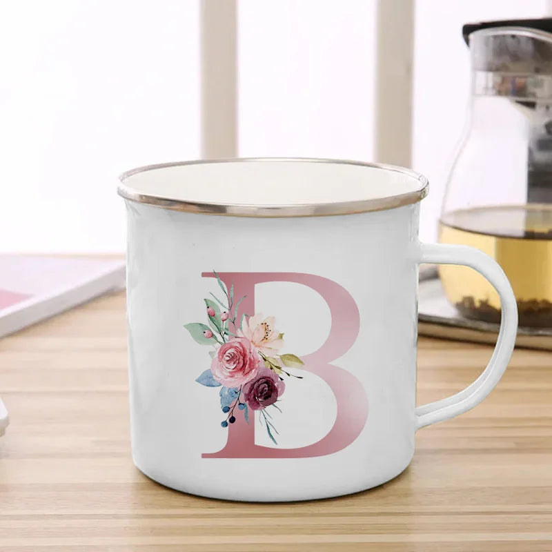 26 Initials Pink Letter Flowers Print Enamel Mug Coffee Mugs Cups for Coffee and Tea Unusual Tea Cup Personalized Gift Cupshe