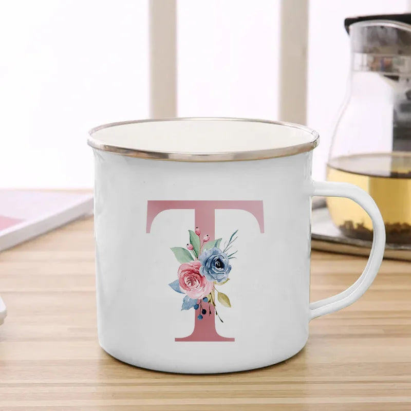 26 Initials Pink Letter Flowers Print Enamel Mug Coffee Mugs Cups for Coffee and Tea Unusual Tea Cup Personalized Gift Cupshe