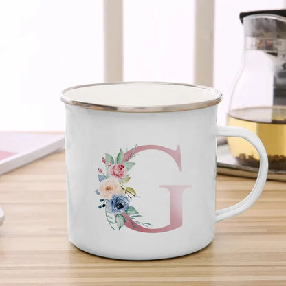 26 Initials Pink Letter Flowers Print Enamel Mug Coffee Mugs Cups for Coffee and Tea Unusual Tea Cup Personalized Gift Cupshe